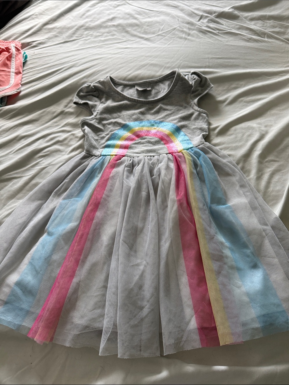 Gray Rainbow Tulle Dress for Girls - Multicolor Stripe Detail